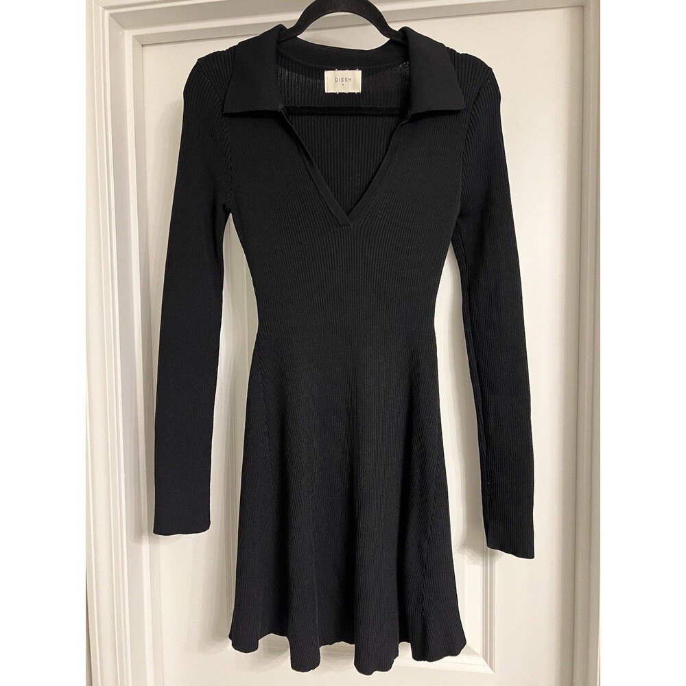 DISSH Black Ribbed Long-Sleeve Polo Dress